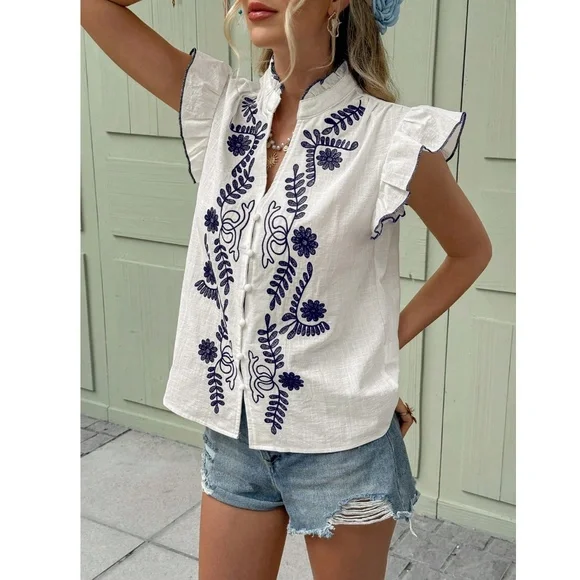 Cotton White Button Down Shirt Blue Floral Embroidery Ruffle Cap Sleeves V-Neck - Picture 8 of 9